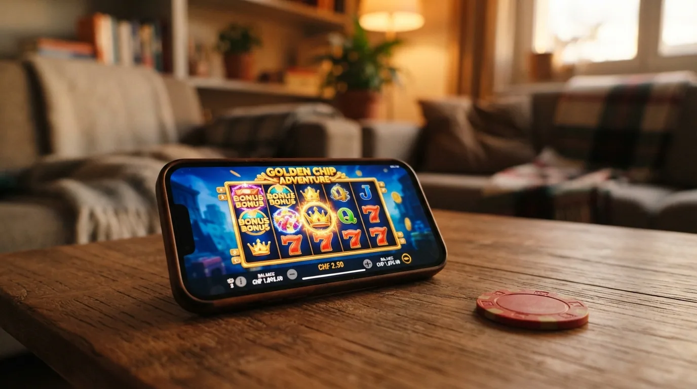 Querformat-Aufnahme eines Smartphones mit laufendem Slot-Spiel, Spielautomat im Vordergrund sichtbar