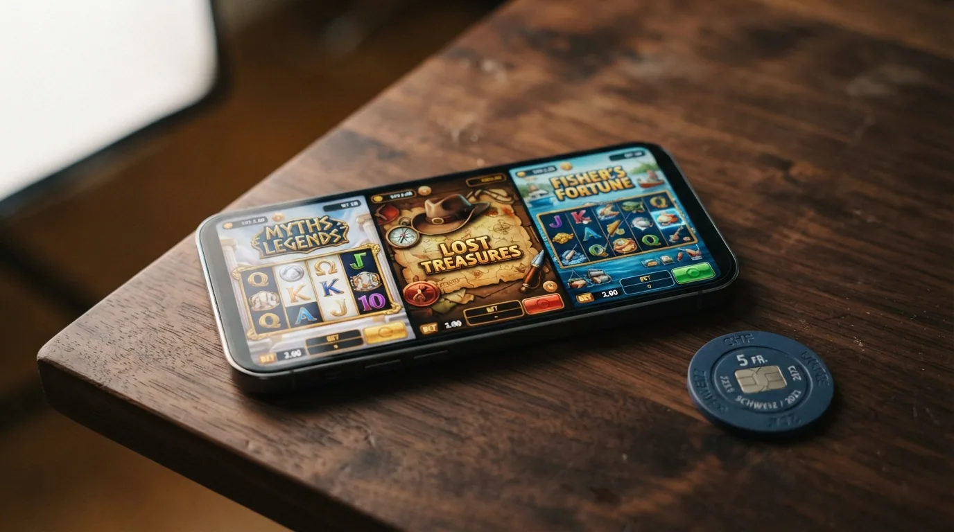 Drei Spielautomaten (Gates of Olympus, Book of Dead, Big Bass Splash) auf einem Smartphone-Bildschirm im Querformat