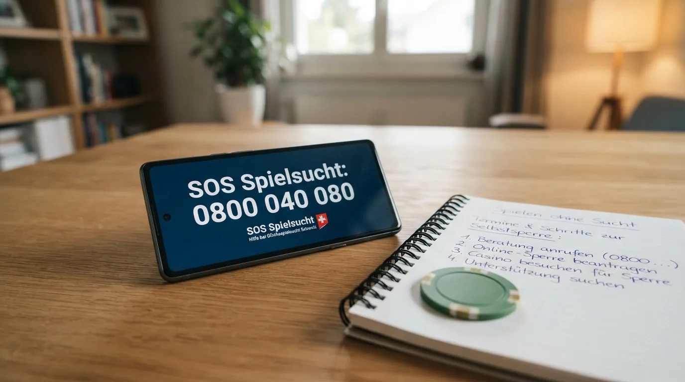 Beruhigende Szene mit Smartphone, auf dem die Nummer 0800 040 080 angezeigt wird, daneben das Logo von «Spielen ohne Sucht»