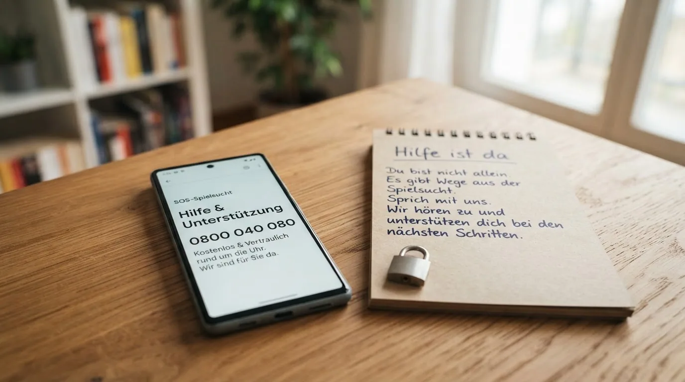 Ein Telefonhörer und das SOS-Spielsucht-Logo, daneben ein Schloss-Symbol für die Spielsperre