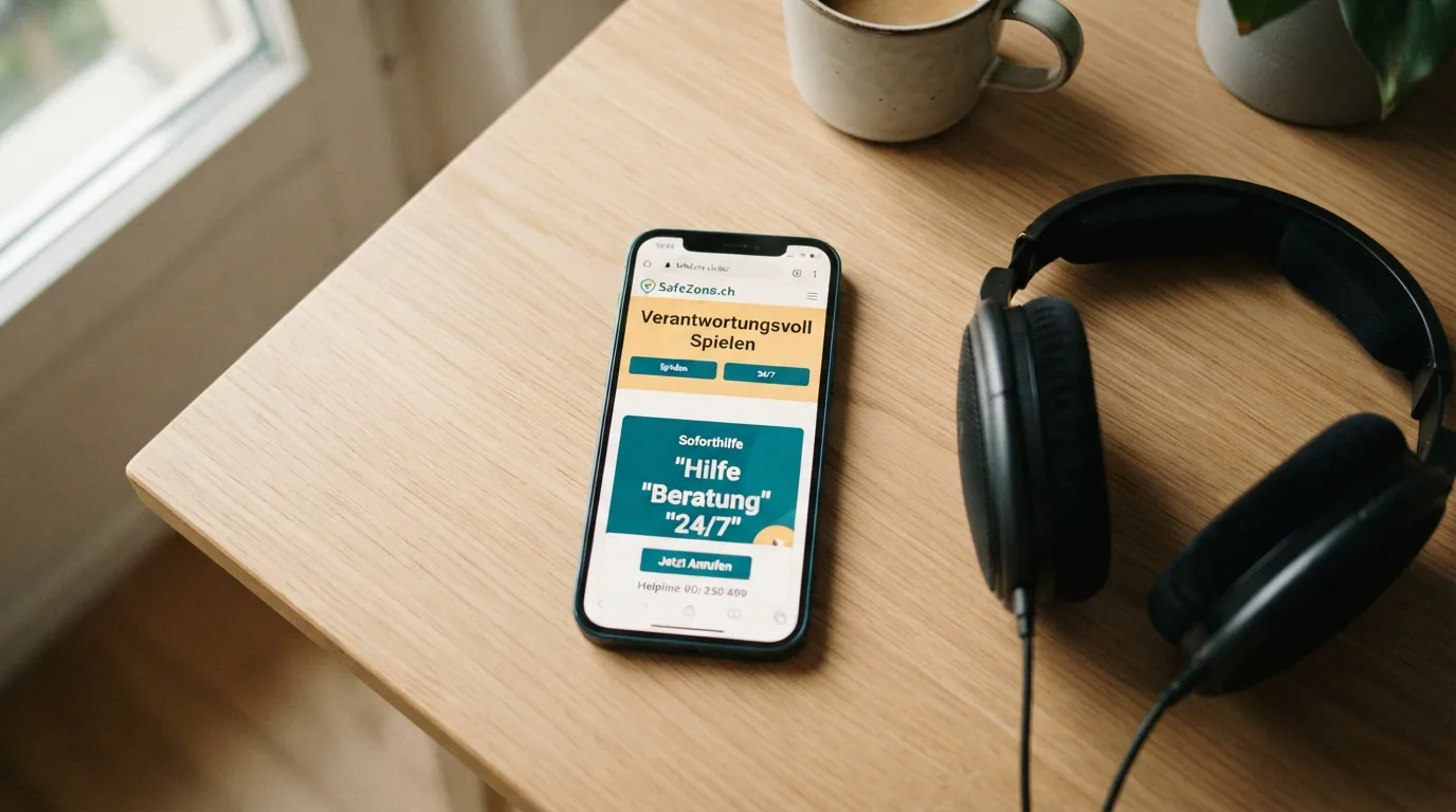 Smartphone mit geöffneter SafeZone.ch-Website, daneben ein Kopfhörer als Symbol für die telefonische Helpline