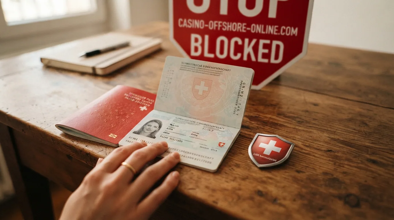 Ein Schweizer Pass neben einem Schild mit der Aufschrift «ESBK-konzessioniert», im Hintergrund ein Sperrschild vor einer Offshore-Casino-URL