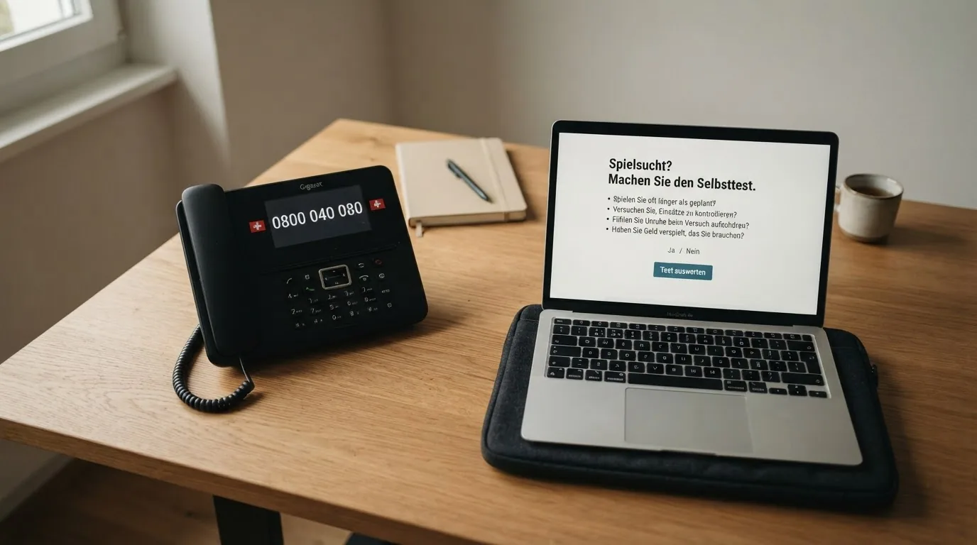 Ein Telefonhörer mit der eingeblendeten Nummer 0800 040 080 und daneben ein Computer-Bildschirm mit einem Selbsttest-Fragebogen