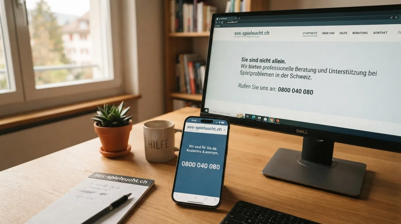 Ein Festnetztelefon mit dem Zettel «0800 040 080» daneben, im Hintergrund die Website sos-spielsucht.ch auf einem Bildschirm