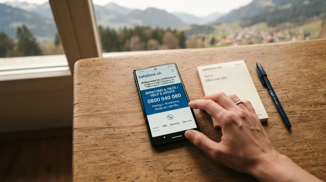Nahaufnahme eines Smartphones mit geöffneter SafeZone.ch-Webseite und sichtbarer Helpline-Nummer