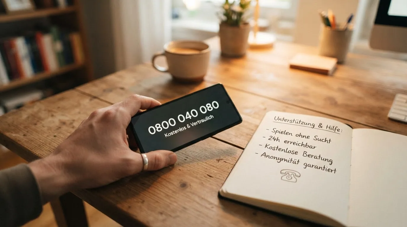 Beratungstelefon mit Notizblock, auf dem die Helpline-Nummer 0800 040 080 notiert ist