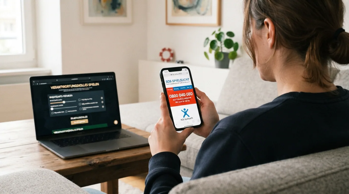 Ein Smartphone mit geöffneter SOS-Spielsucht-Seite und sichtbarer Helpline-Nummer 0800 040 080
