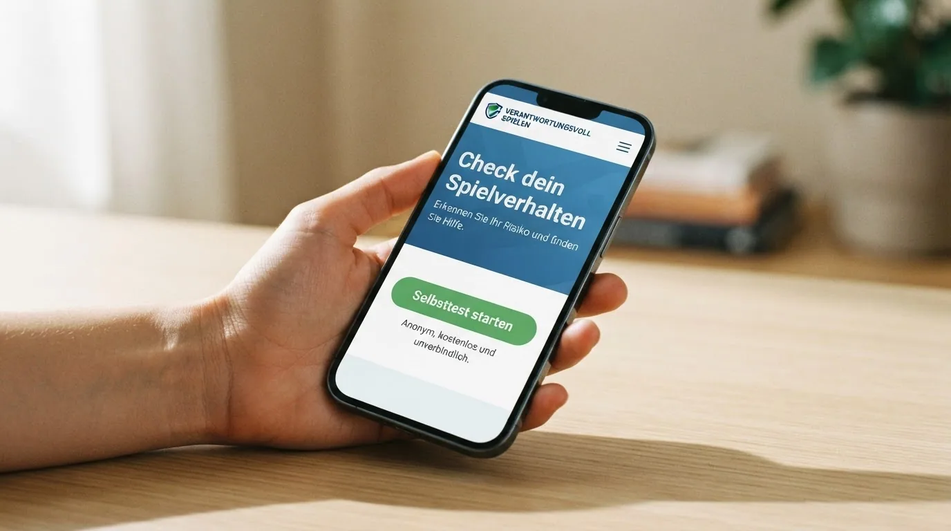 Eine helfende Hand die ein Smartphone mit geöffneter SOS-Spielsucht-Webseite hält