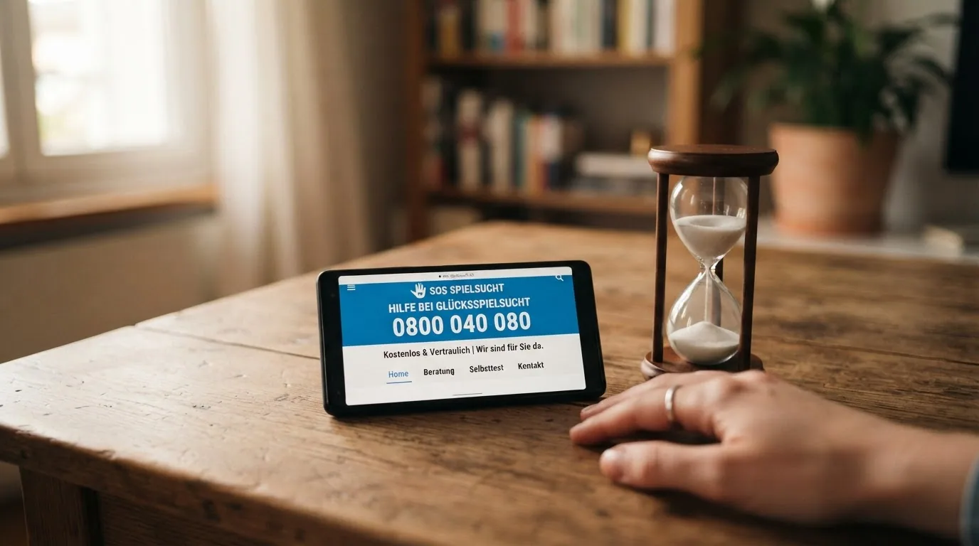 Ein Smartphone mit geöffneter SOS-Spielsucht-Seite und einer Uhr als Symbol für Zeitlimits