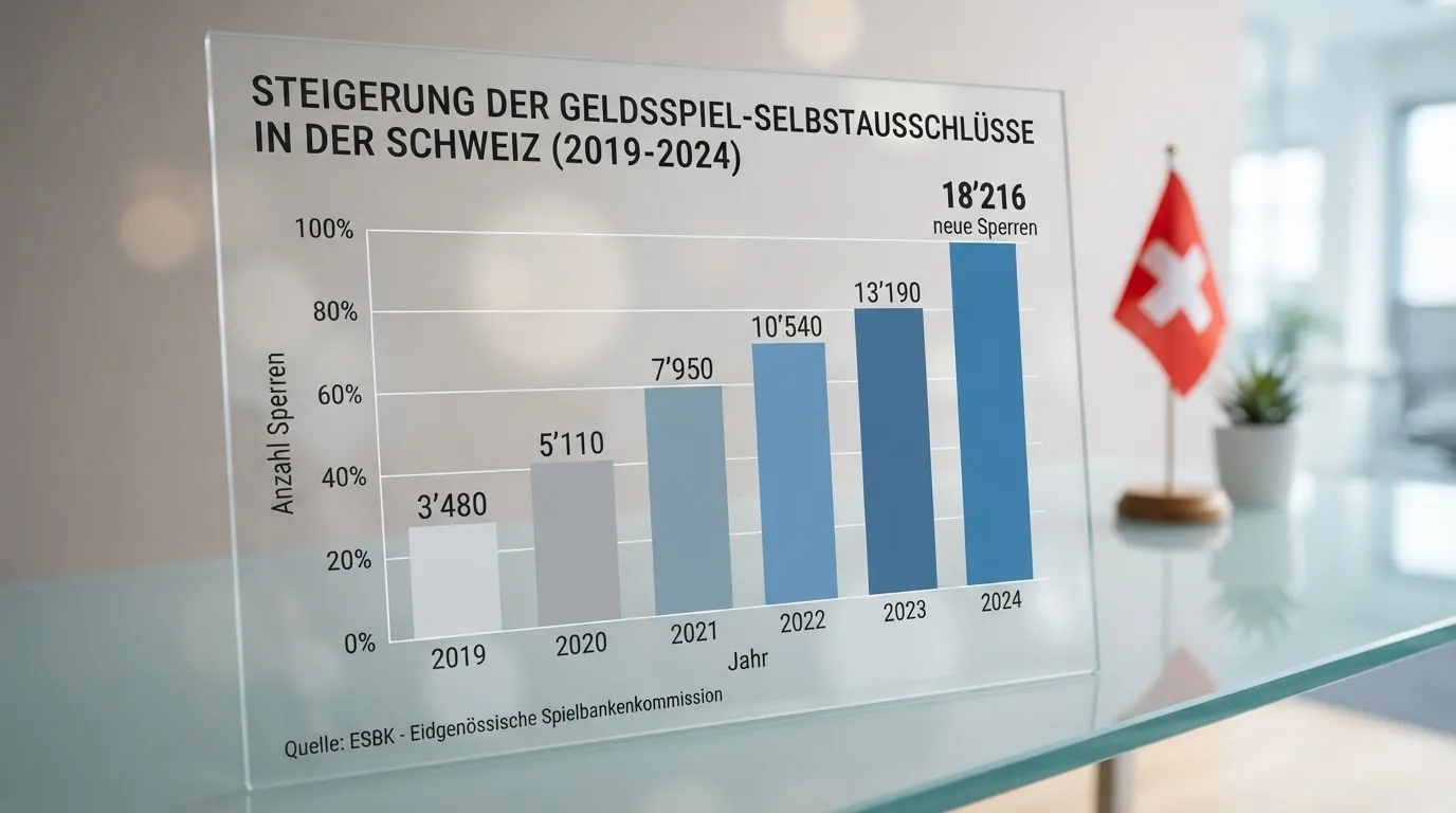 Balkendiagramm zur Entwicklung der Spielsperren in der Schweiz von 2019 bis 2024, mit farblicher Trennung zwischen freiwilligen und angeordneten Sperren.
