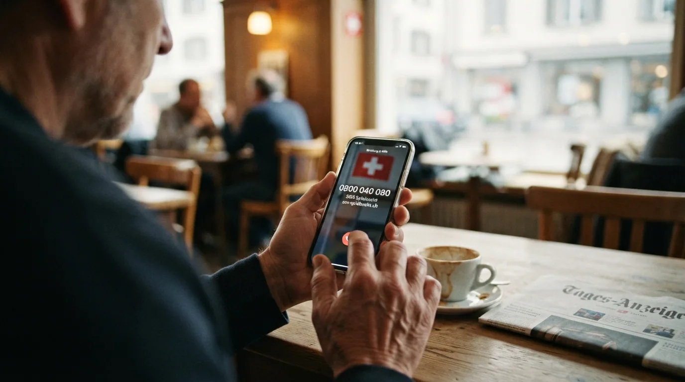 Die SoS-Spielsucht-Helpline-Nummer 0800 040 080 prominent in einem Smartphone-Display, umgeben von Symbolen für Anonymität und 24-Stunden-Erreichbarkeit