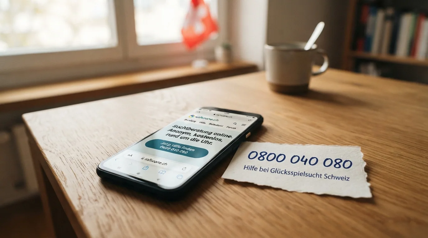 Bildschirmdarstellung der safezone.ch-Website auf einem Smartphone, daneben die Telefonnummer 0800 040 080 mit SOS-Spielsucht-Logo.