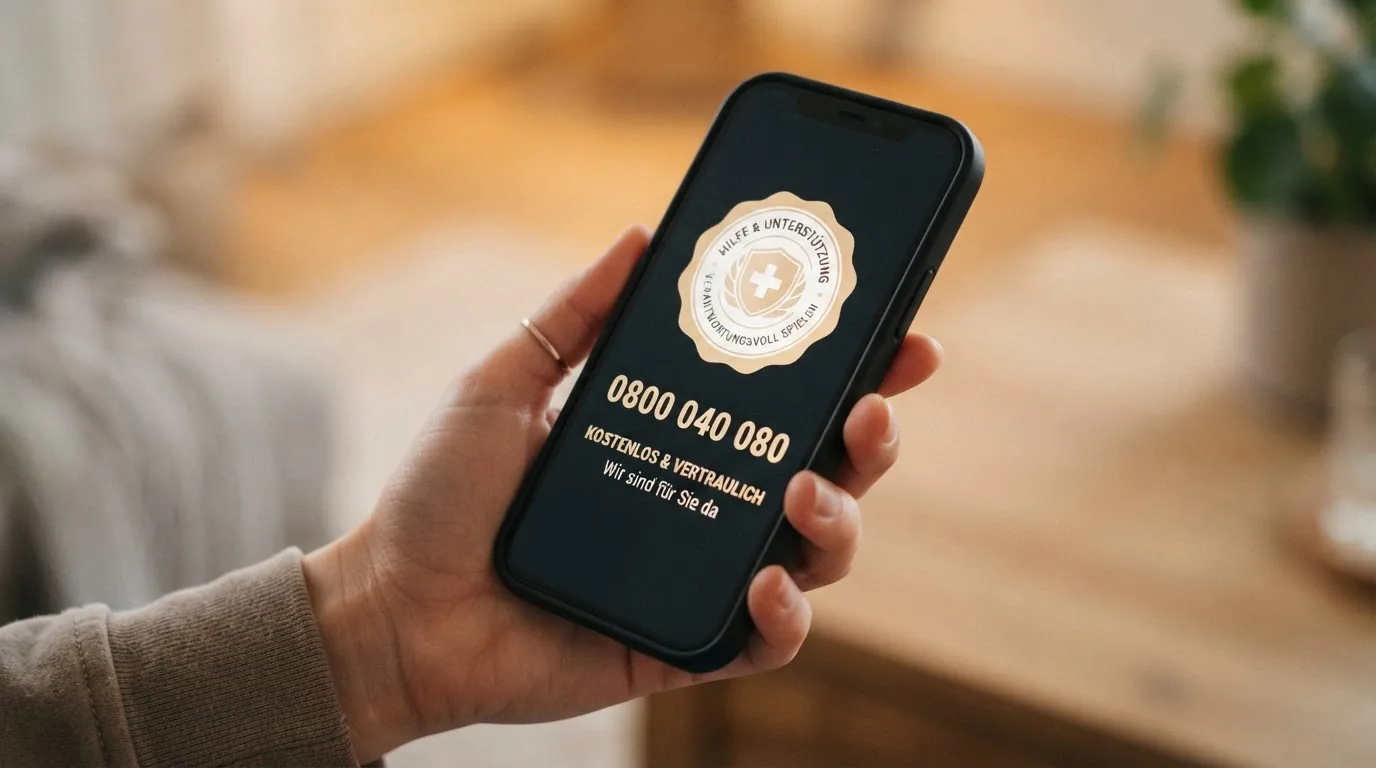 Eine helfende Hand, die ein Smartphone mit der Nummer 0800 040 080 (SOS Spielsucht) hält, dazu das Logo von safezone.ch
