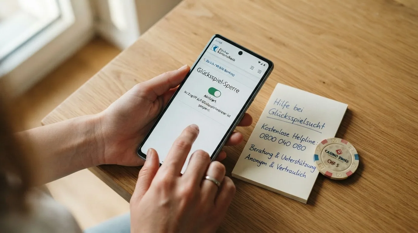 Eine Hand, die auf einem Smartphone den Schalter «Glücksspiel-Sperre» in der Revolut-App auf «Aktiviert» stellt, daneben die Helpline-Nummer 0800 040 080