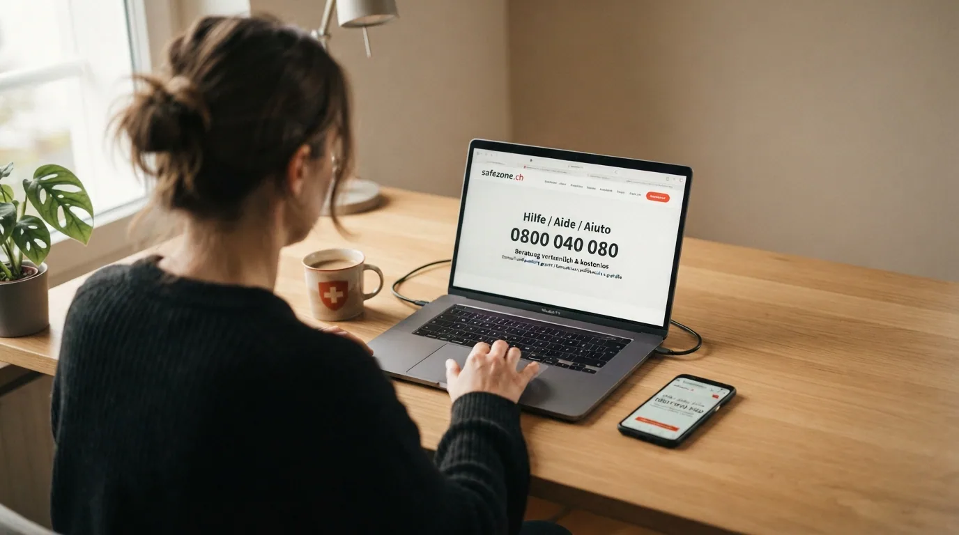 Beratungsszene: Smartphone mit Notrufnummer 0800 040 080 und geöffneter safezone.ch-Website auf einem Laptop