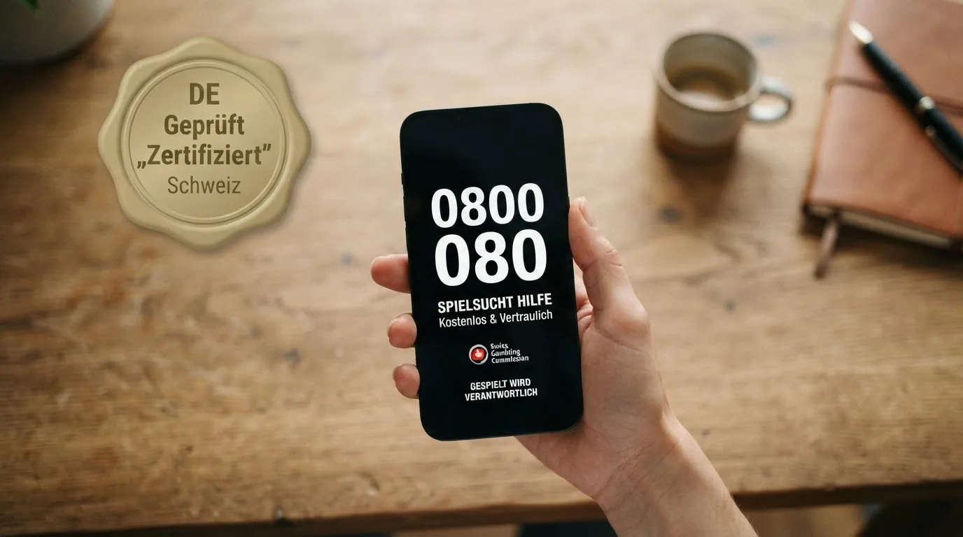 Eine helfende Hand, die ein Smartphone mit der Aufschrift «Spielen ohne Sucht» und der Helpline-Nummer 0800 040 080 hält