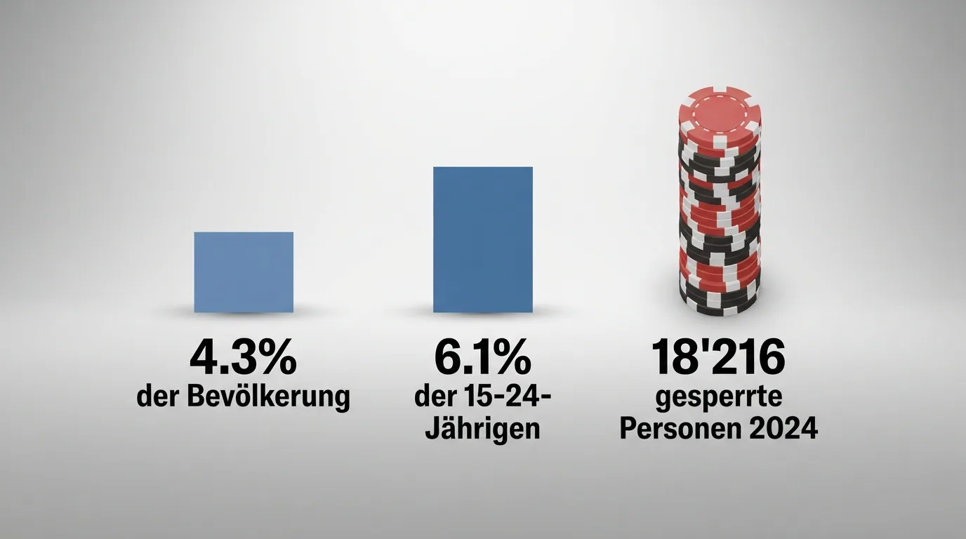 Infografik: 4,3 % der Bevölkerung, 6,1 % der 15-24-Jährigen, 18'216 gesperrte Personen 2024