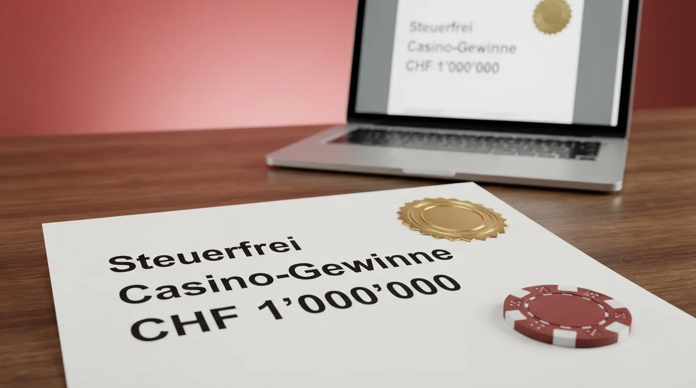 Eine Schweizer Steuererklärung mit einem durchgestrichenen Casino-Gewinnbetrag unter CHF 1'000'000 und einem Haken bei «steuerfrei»