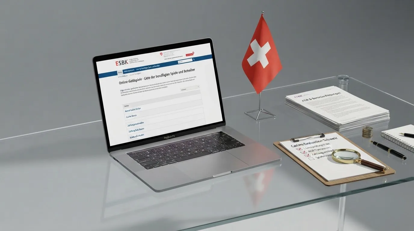 Screenshot des ESBK-Online-Registers neben einem Bewertungsbogen und den AGB-Dokumenten der getesteten Casinos.