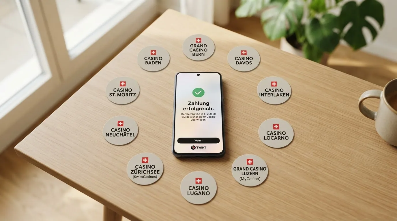 Smartphone mit geöffneter TWINT-App und daneben die Logos der zehn ESBK-Casinos, verbunden durch grüne Häkchen