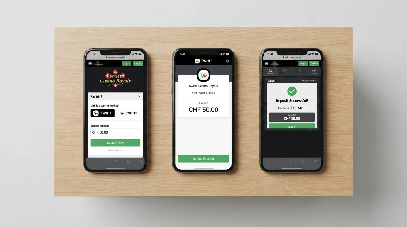 Drei Schritte einer TWINT-Einzahlung im Online-Casino: QR-Code scannen, App-Bestätigung, Spielguthaben-Anzeige