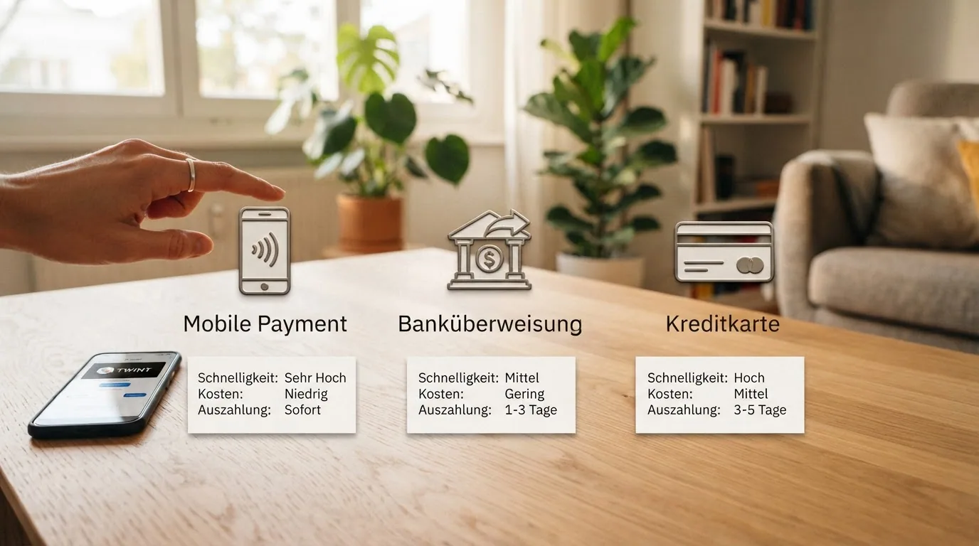 Drei Spalten mit den Symbolen für Geschwindigkeit Kosten und Auszahlung unter TWINT PostFinance und Kreditkarte