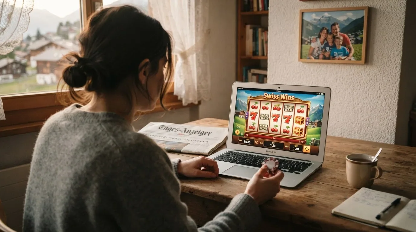 Eine Person, die nachdenklich auf einen Bildschirm mit Casino-Spielen blickt