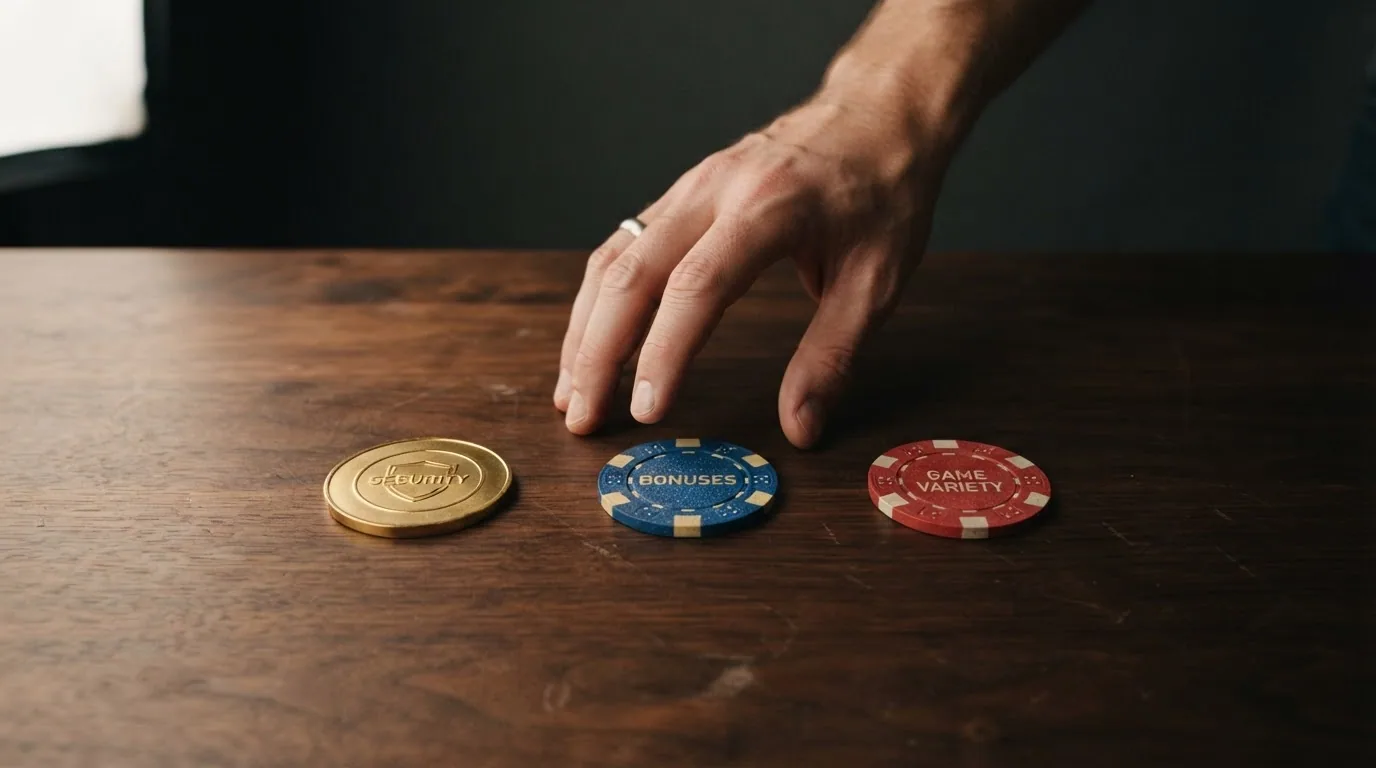 Drei verschiedene Spielertypen — symbolisiert durch Symbole für Sicherheit, Bonus und Spielevielfalt — vor einem neutralen Hintergrund
