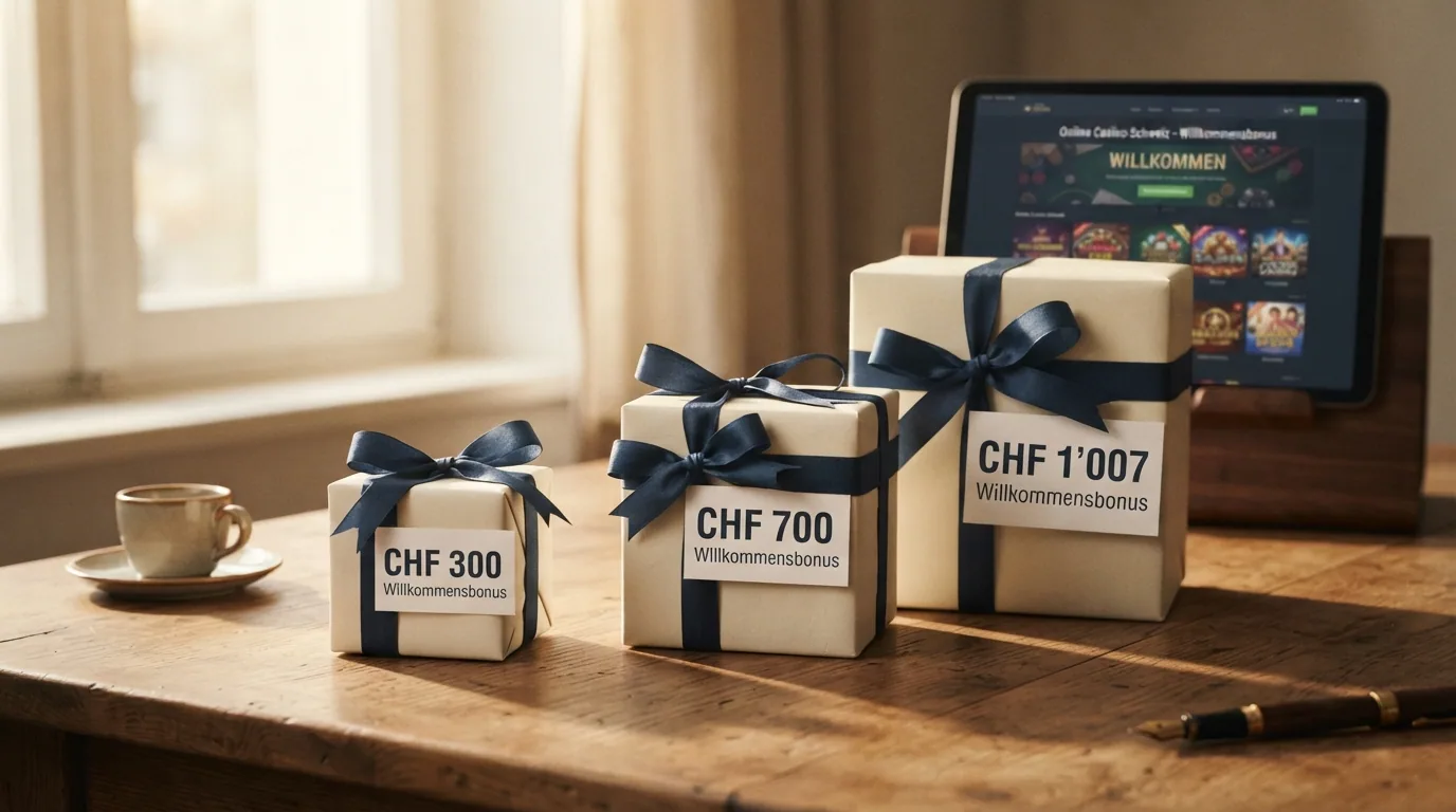Drei unterschiedlich grosse Geschenkpakete mit CHF-Symbolen, gestaffelt nach Bonus-Höhe — CHF 300, CHF 700, CHF 1'007