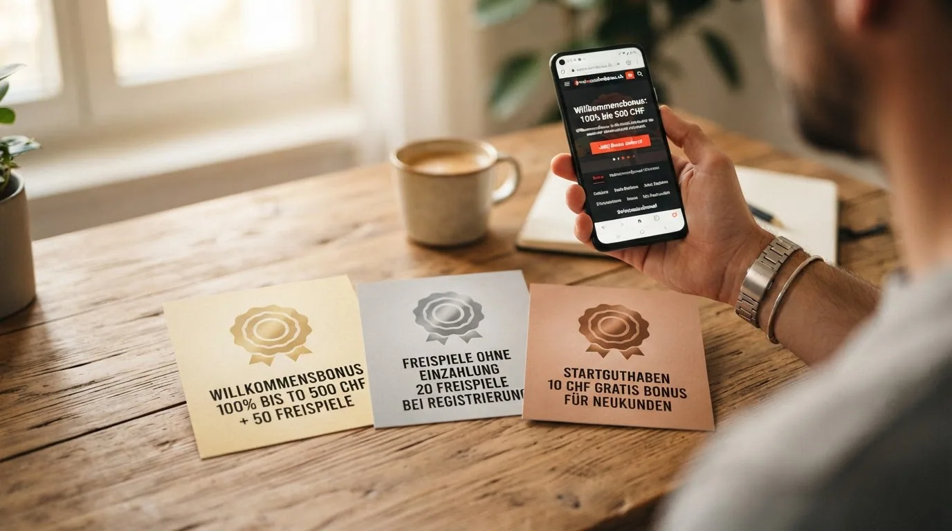 Drei gestapelte Schweizer Casino-Willkommensbonus-Karten mit unterschiedlichen Prozentzahlen und Bedingungen im Kleingedruckten