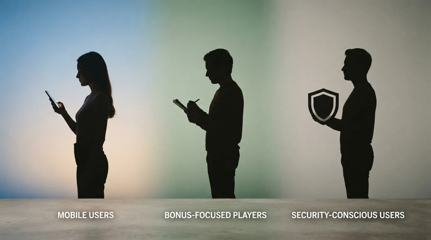 Drei Spieler-Silhouetten vor farbigen Hintergründen — eine mit Smartphone (mobil), eine mit Taschenrechner (Bonus-orientiert), eine mit Schloss-Symbol (sicherheitsbewusst)