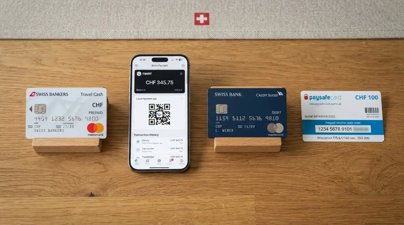Vier Zahlungsarten nebeneinander: Aplauz-Karte, TWINT-App, Kreditkarte und Paysafecard-PIN vor Schweizer Flagge
